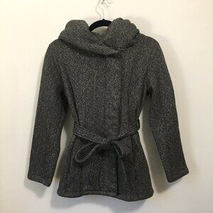 Hooded Button Up Charcoal Grey Cotton Blend Tie Waist Coat